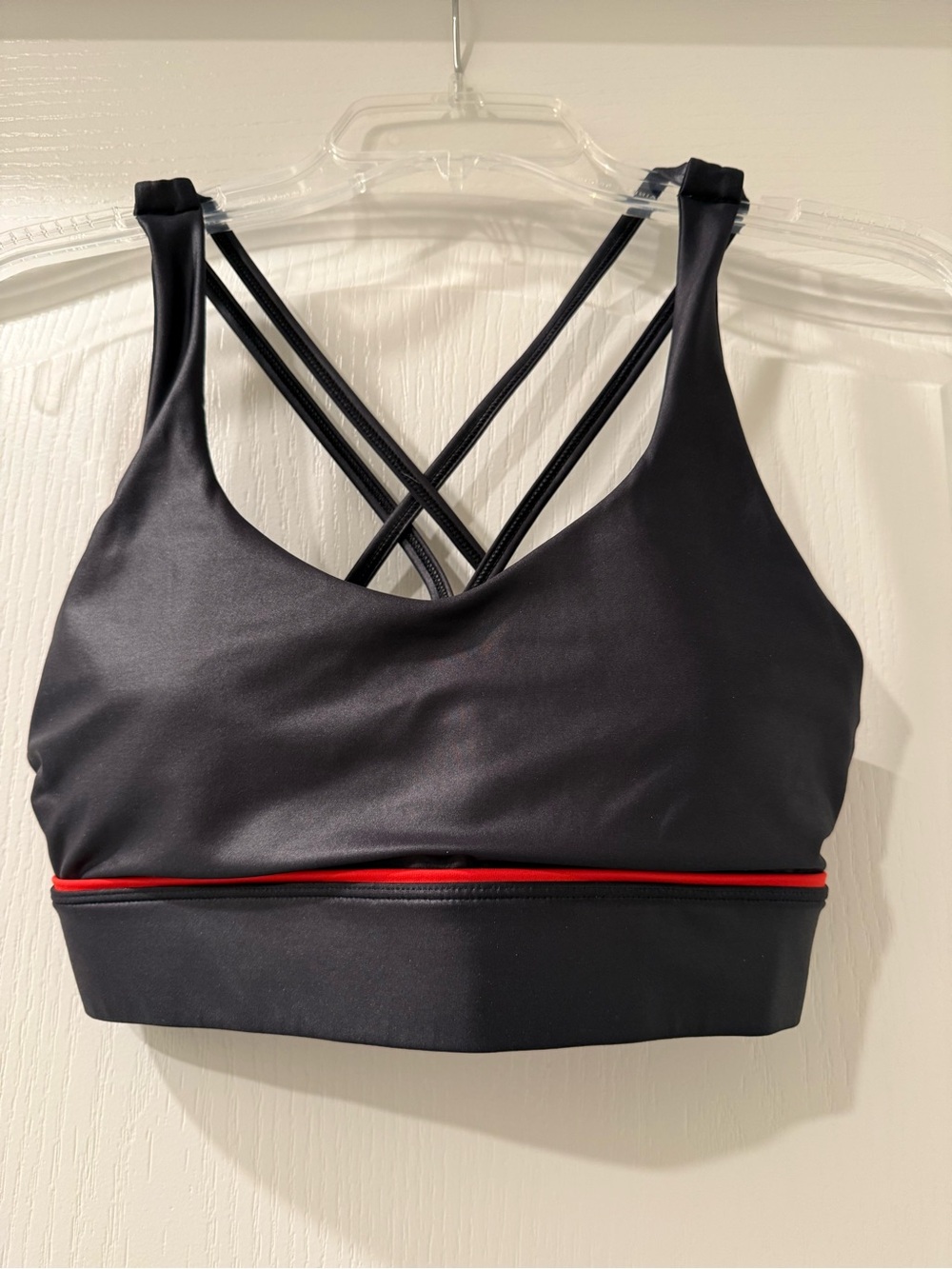 New! ZYIA Black Strappy Faux Leather Sports Bra with Red Accent